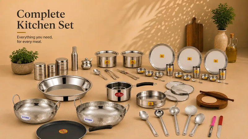 Stainless steel pressure cooker on a wooden surface with text about durability and cooking quality.