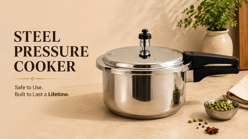 Stainless steel pressure cooker on a wooden surface with text about durability and cooking quality.