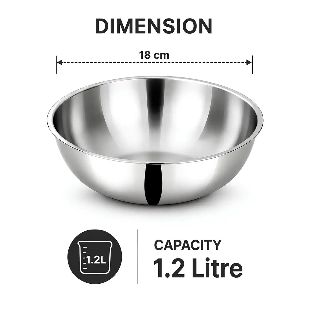 A stainless steel bowl shown on a white background with dimension and capacity text. The top text reads 'DIMENSION' with a dashed line indicating '18 cm' across the rim.