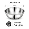 A stainless steel bowl shown on a white background with dimension and capacity text. The top text reads 'DIMENSION' with a dashed line indicating '18 cm' across the rim.