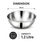 A stainless steel bowl shown on a white background with dimension and capacity text. The top text reads 'DIMENSION' with a dashed line indicating '18 cm' across the rim.