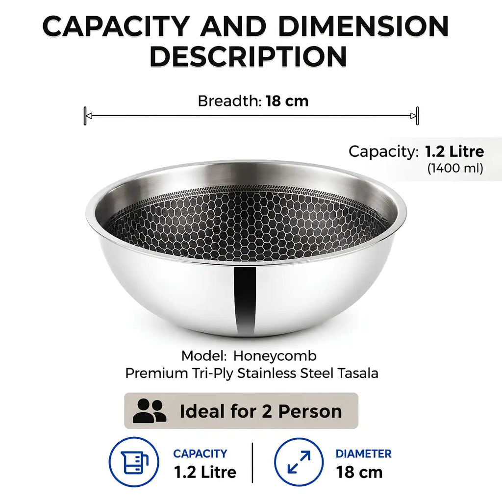 A stainless steel tasala bowl with a honeycomb-patterned interior, shown with text overlays detailing its dimensions, capacity of 1.2 litre, and suitability for two people.