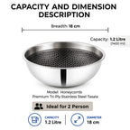 A stainless steel tasala bowl with a honeycomb-patterned interior, shown with text overlays detailing its dimensions, capacity of 1.2 litre, and suitability for two people.