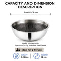A stainless steel tasala bowl with a honeycomb pattern interior, shown with text overlays detailing its dimensions, capacity, and suitability for two people.