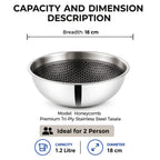A stainless steel tasala bowl with a honeycomb pattern interior, shown with text overlays detailing its dimensions, capacity, and suitability for two people.