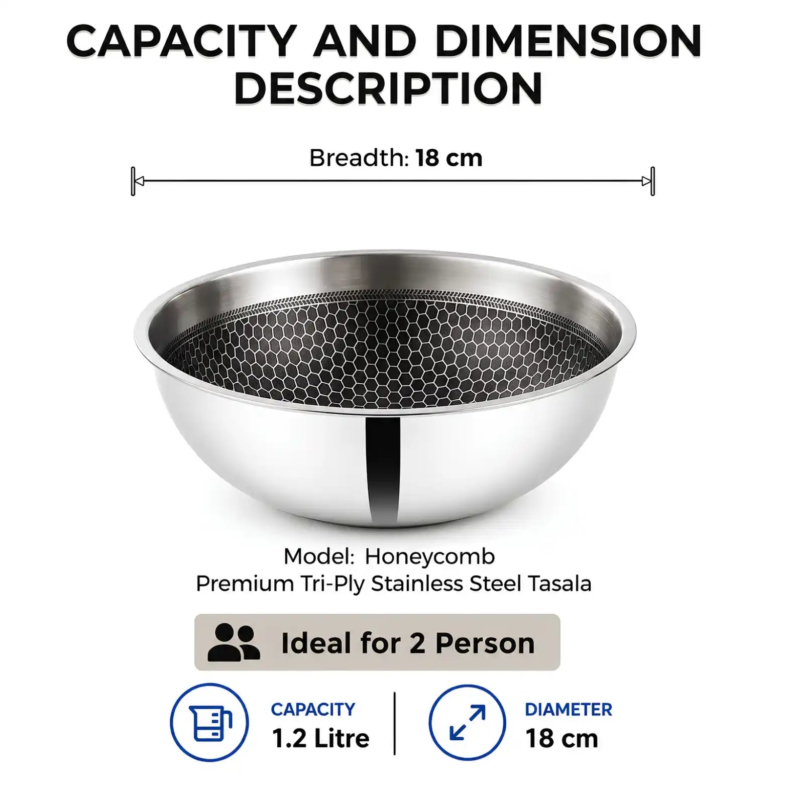 A stainless steel tasala bowl with a honeycomb pattern interior, shown with text overlays detailing its dimensions, capacity, and suitability for two people.