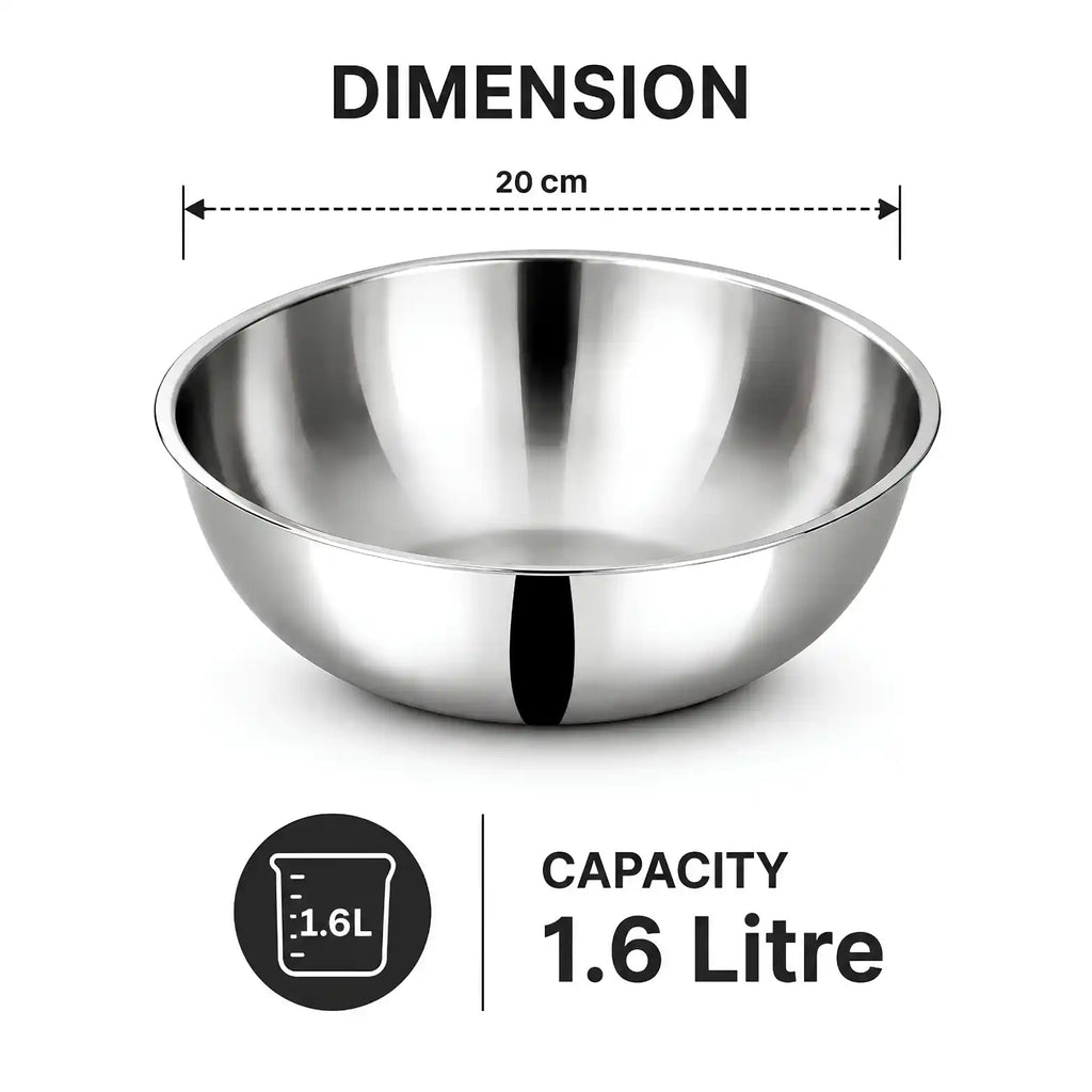 A stainless steel mixing bowl shown on a white background with dimension and capacity text. The bowl is labeled 20 cm in diameter and 1.