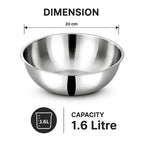 A stainless steel mixing bowl shown on a white background with dimension and capacity text. The bowl is labeled 20 cm in diameter and 1.