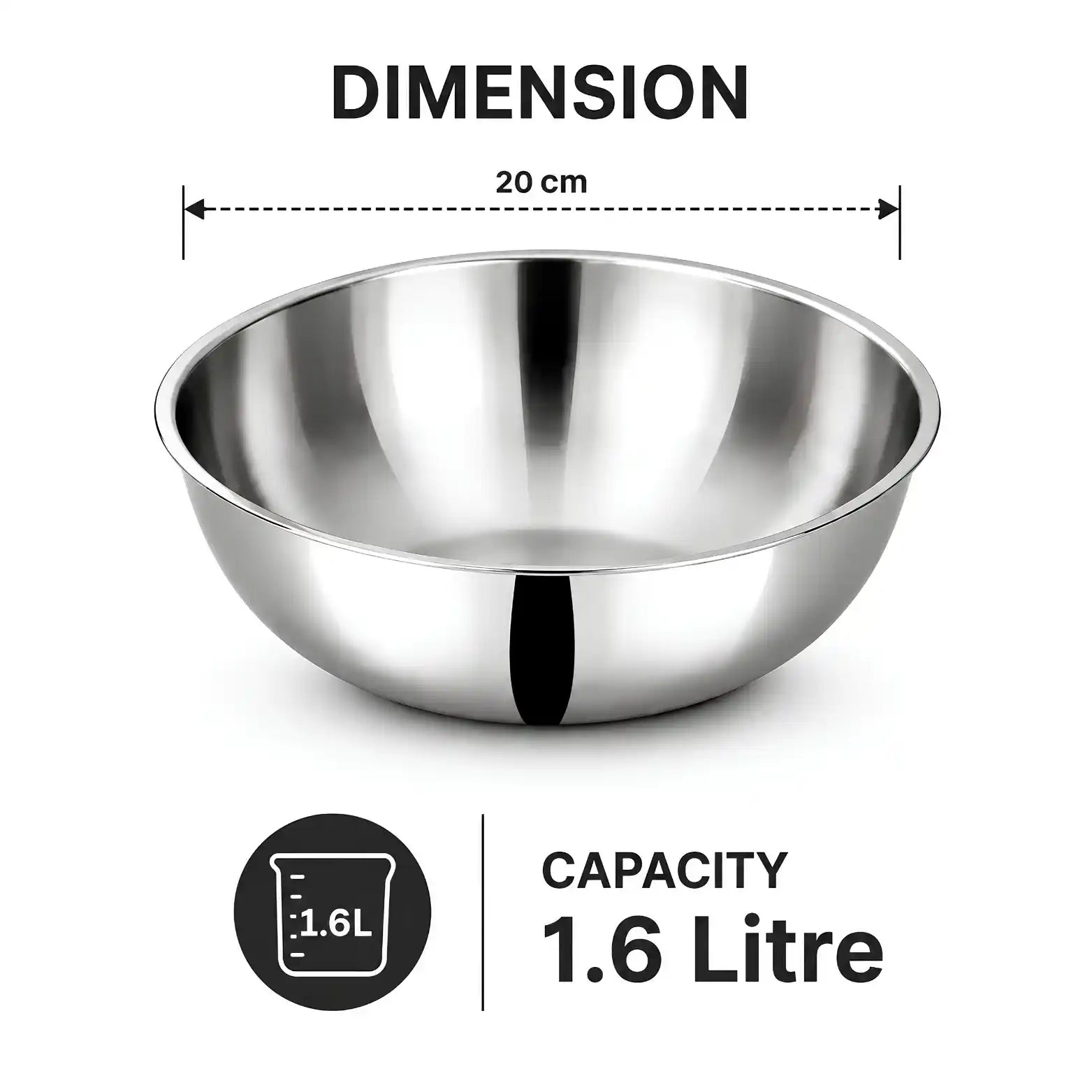 A stainless steel mixing bowl shown on a white background with dimension and capacity text. The bowl is labeled 20 cm in diameter and 1.