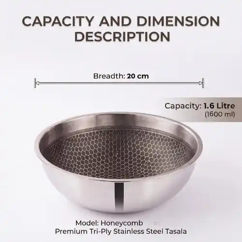 Tri-Ply stainless steel tasla with a honeycomb cooking surface and sturdy side handles, displayed on a dark brown background. Heavy-duty deep cooking vessel suitable for gas and induction cooktops.