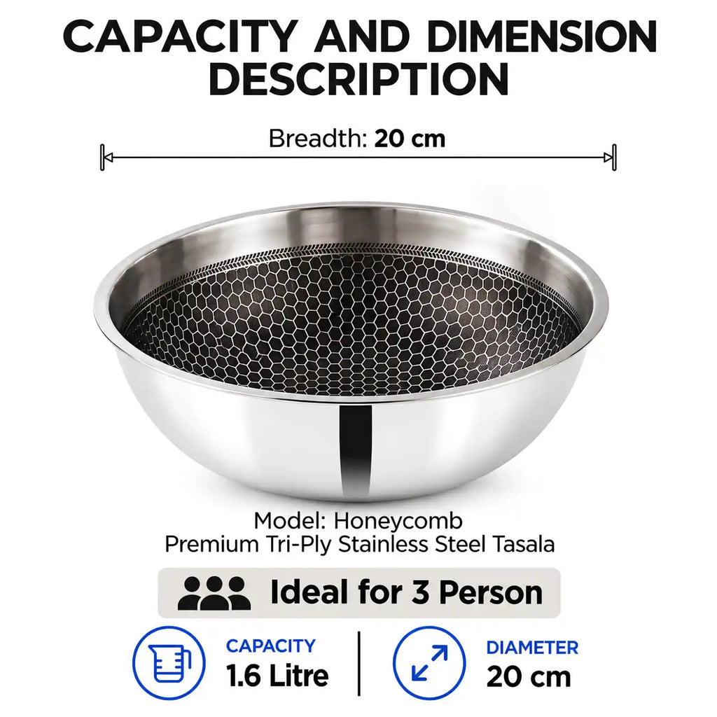 Capacity and dimension description graphic for a stainless steel tasala bowl with a honeycomb-patterned interior. The image shows a bowl on a white background with text indicating a breadth of 20 cm, 1.