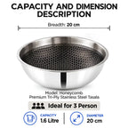 Capacity and dimension description graphic for a stainless steel tasala bowl with a honeycomb-patterned interior. The image shows a bowl on a white background with text indicating a breadth of 20 cm, 1.