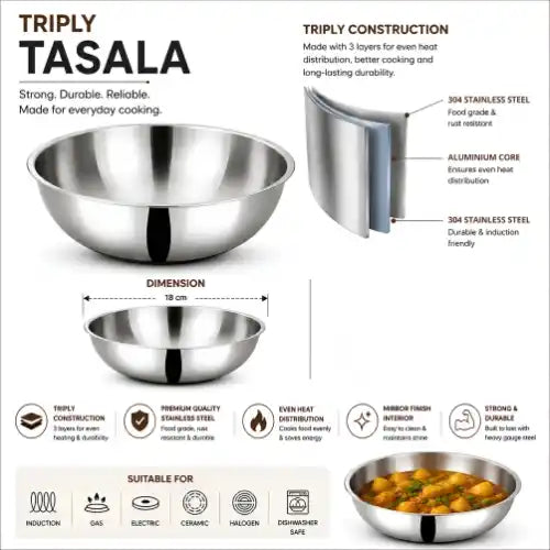 Stainless steel tasla for cooking sabji, preparing vegetables and everyday Indian kitchen use.