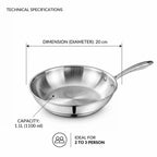 Technical specification diagram of a stainless steel frying pan showing a diameter of 20 cm and a capacity of 1.1L (1100 ml), with text indicating it is ideal for 2 to 3 people.