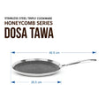 Stainless steel triply cookware pan labeled 'Dosa Tawa' with dimension markings showing 46.5 cm width and 26.
