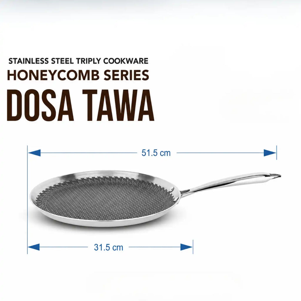 Stainless steel triply cookware pan with dimension markings showing a diameter of 51.5 cm and a handle width of 31.
