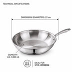Technical specification diagram of a stainless steel frying pan showing a diameter of 22 cm and a capacity of 1.4L (1400 ml), with text indicating it is ideal for 3 to 4 people, on a white background.