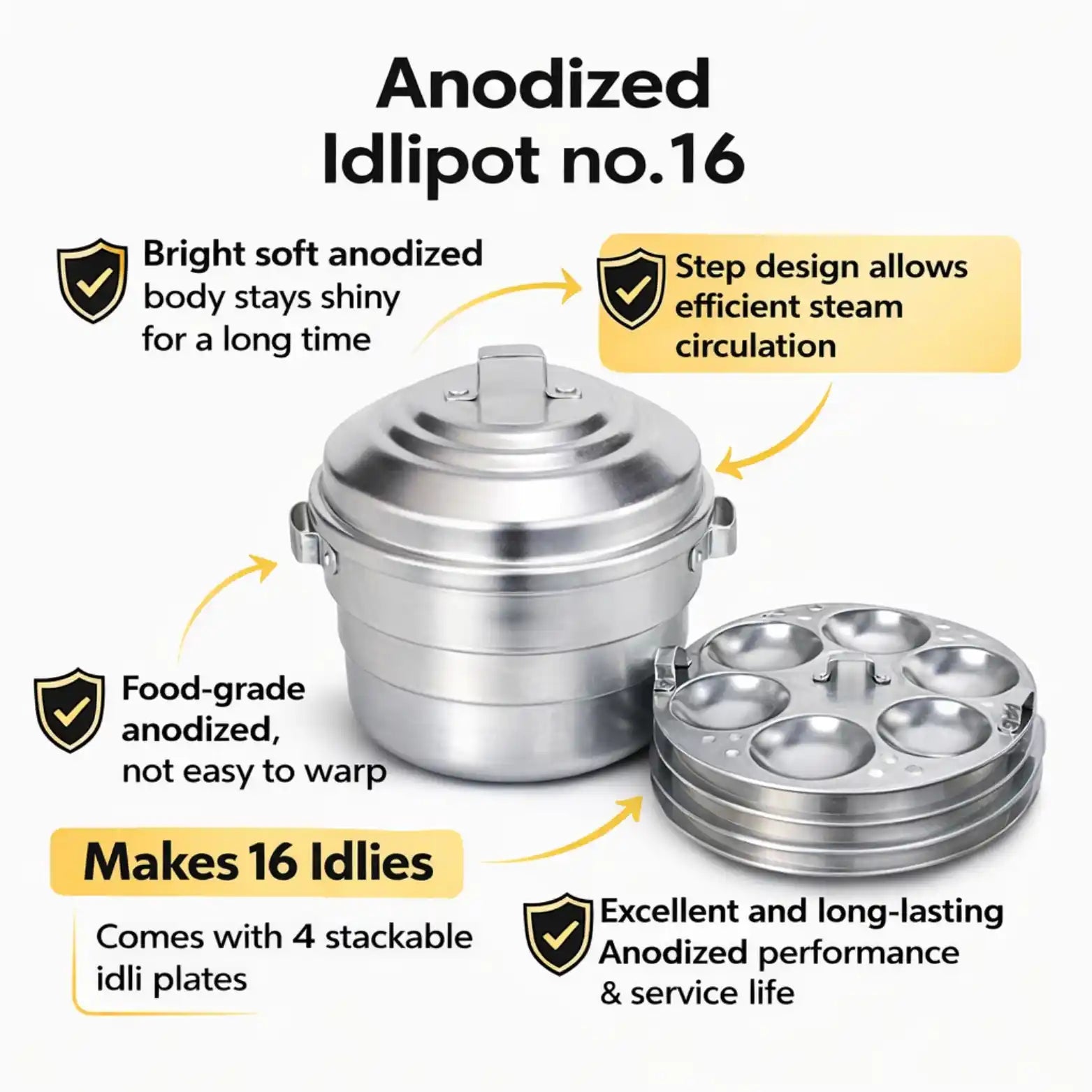Aluminium idli maker steamer with lid and three idli plates placed on a kitchen countertop, traditional Indian idli cooking vessel set.