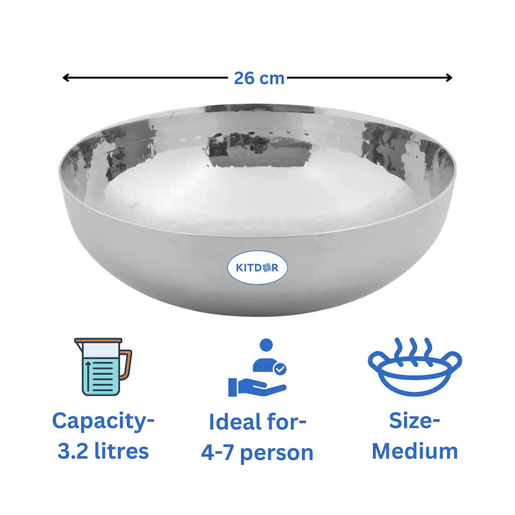 Heavy Bottom Stainless Steel Kadai (Hammered Tasla) without Handle