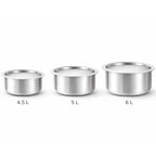 Three stainless steel tope cooking vessels set with capacities 3 liter, 3.6 liter and 4 liter on white background