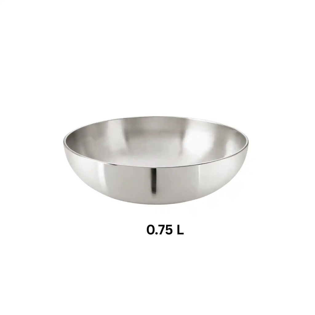 0.75 L Hindalium aluminium kadai without handle on white background, polished aluminium cooking vessel.