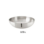 0.75 L Hindalium aluminium kadai without handle on white background, polished aluminium cooking vessel.