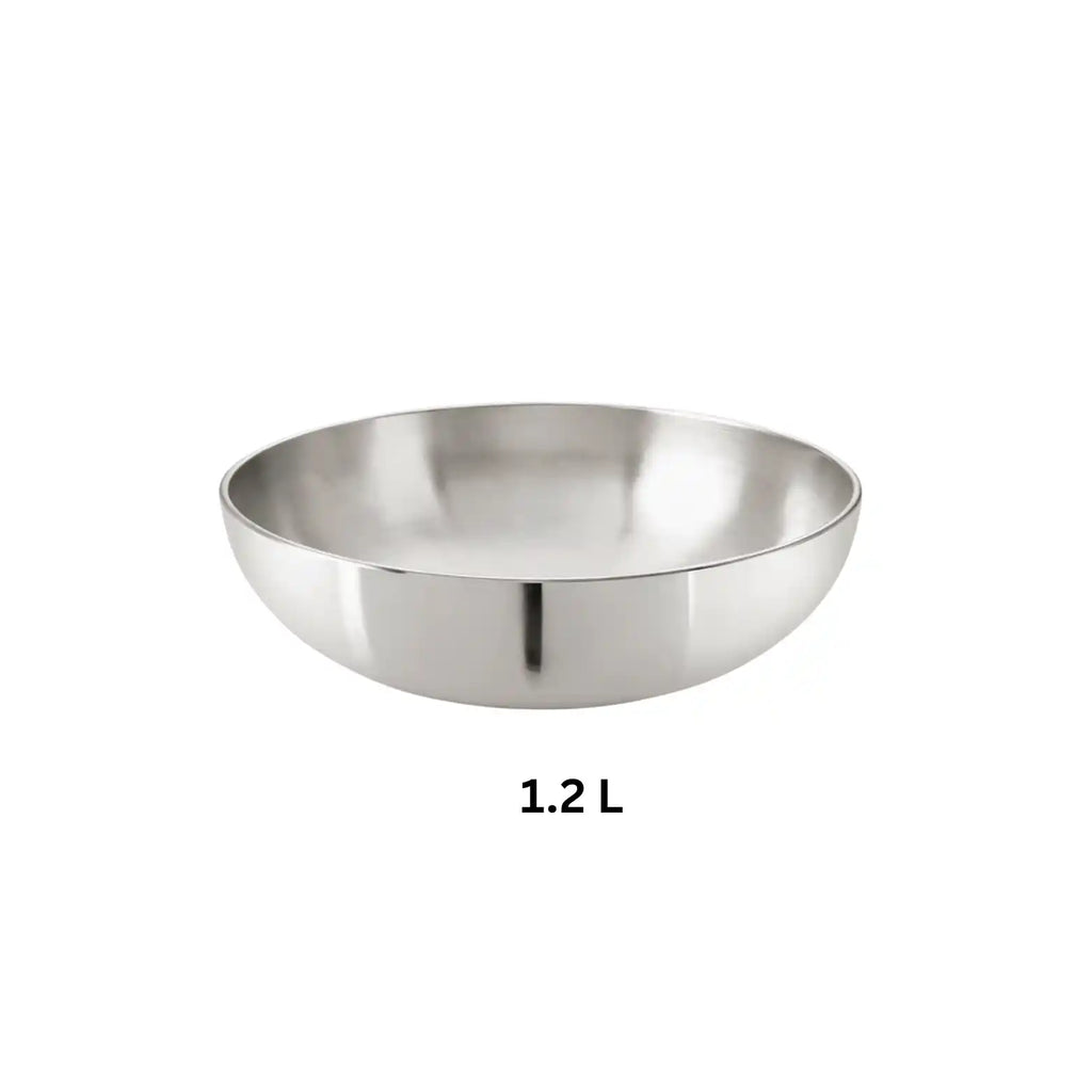 1.2 L Hindalium aluminium kadai without handle on white background, polished aluminium cooking vessel.