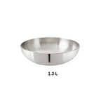 1.2 L Hindalium aluminium kadai without handle on white background, polished aluminium cooking vessel.