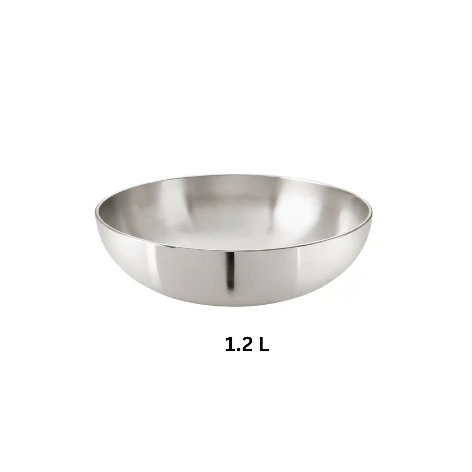 1.2 L Hindalium aluminium kadai without handle on white background, polished aluminium cooking vessel.