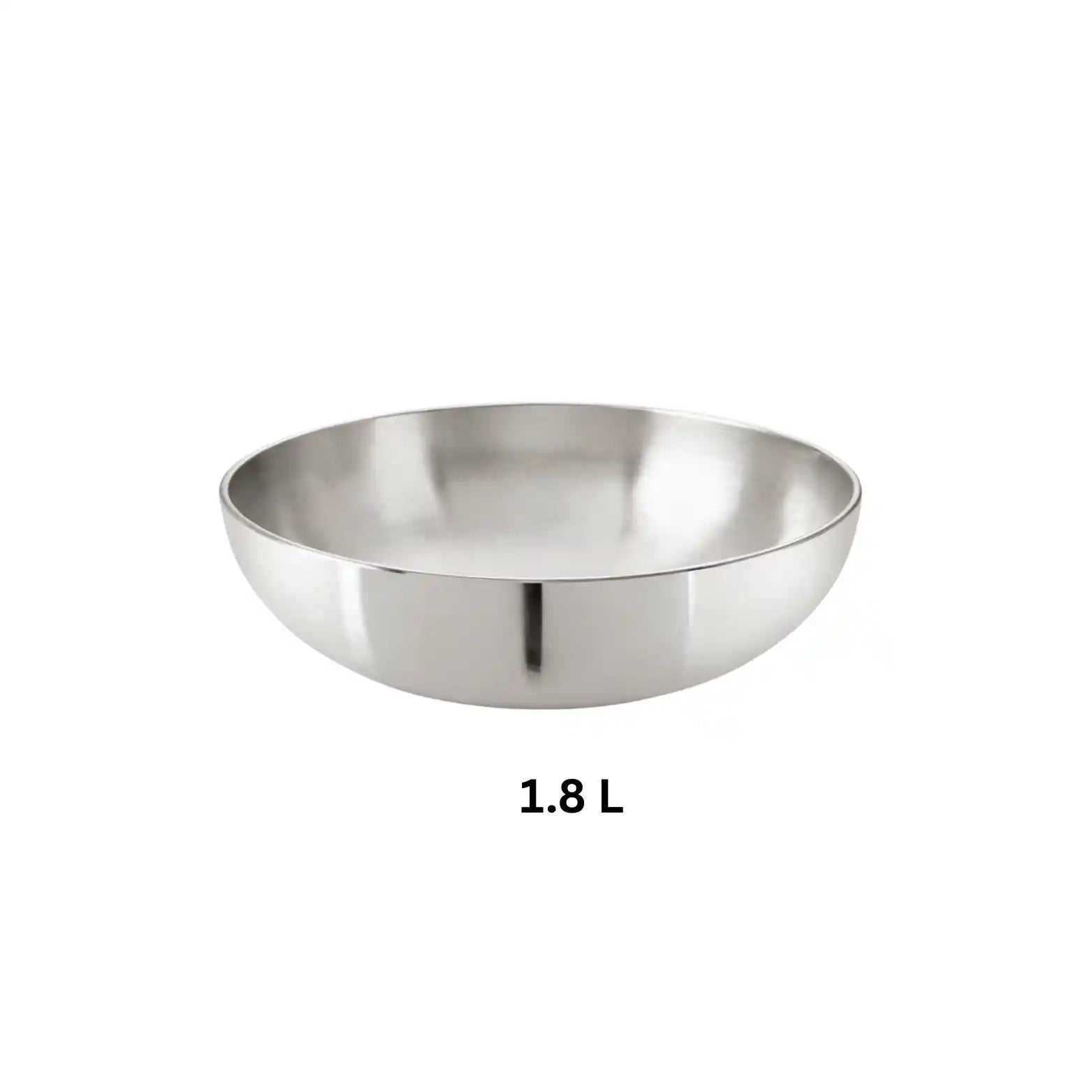 1.8 L Hindalium aluminium kadai without handle on white background, polished aluminium cooking vessel.