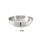 2.4 L Hindalium aluminium kadai without handle on white background, polished aluminium cooking vessel.