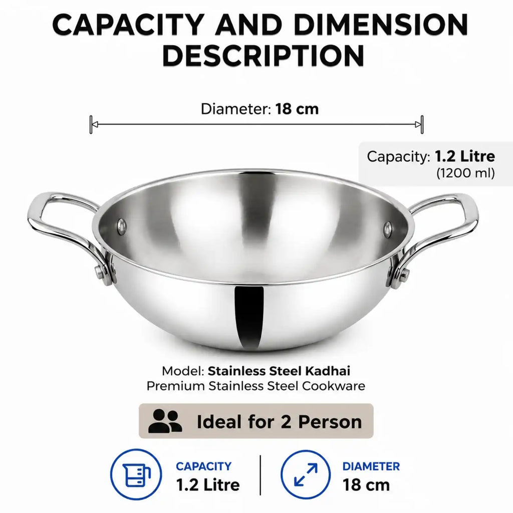Stainless steel kadhai pot with handles on a white background, surrounded by text showing capacity and dimensions: 1.2 litre capacity and 18 cm diameter.