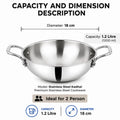 Stainless steel kadhai pot with handles on a white background, surrounded by text showing capacity and dimensions: 1.2 litre capacity and 18 cm diameter.