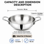 Stainless steel kadhai pot with handles on a white background, surrounded by text showing capacity and dimensions: 1.2 litre capacity and 18 cm diameter.