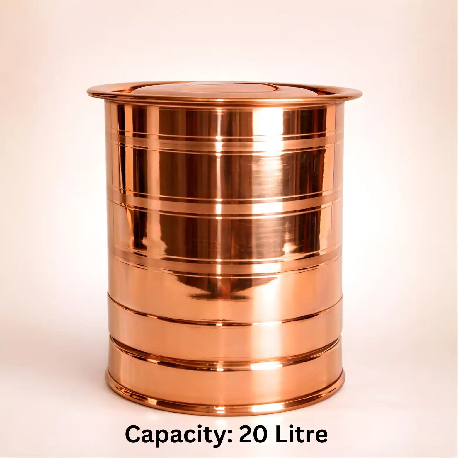 15 litre polished copper water storage container with lid isolated on light background