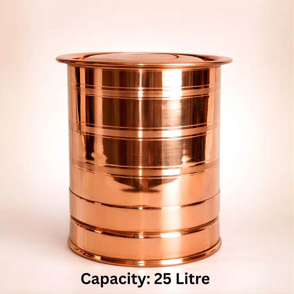 25 litre polished copper water storage container with lid isolated on light background