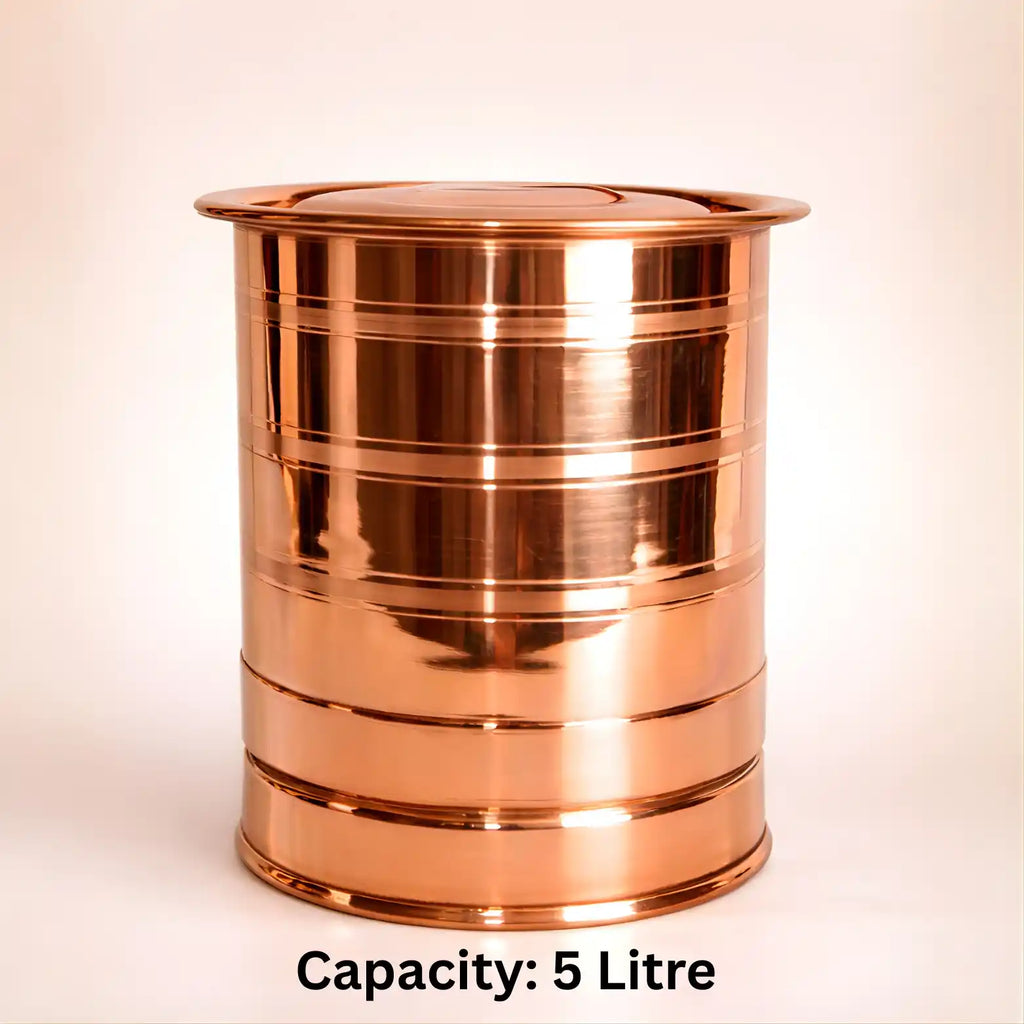 5 litre polished copper water storage container with lid isolated on light background