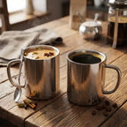 Two metal mugs on a wooden table with one containing a hot beverage and the other empty.