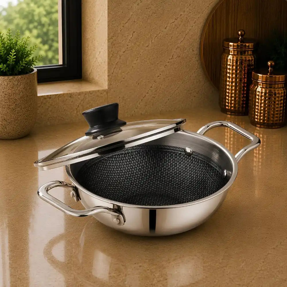 Triply Stainless Steel Kadhai with Glass Lid | Induction Bottom Deep Fry Pan