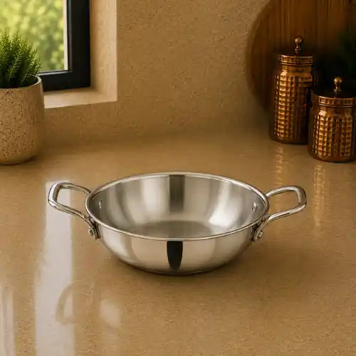 Triply stainless steel kadhai without lid with dual handles for cooking sabji, vegetables, curry, sautéing and frying.