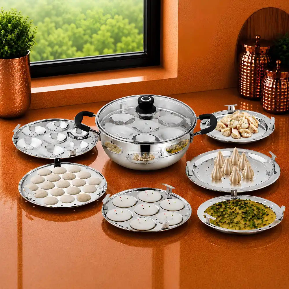 Stainless Steel Multi Kadai Set | 6-in-1 Multipurpose Steamer & Cooker