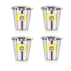 Four stainless steel cups with Rakesh Gold label on a white background