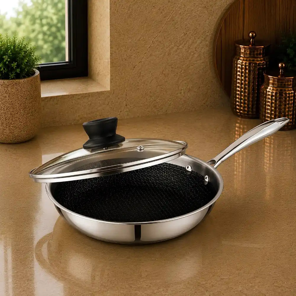 Honeycomb Stainless Steel Fry Pan with Glass Lid | Non-Stick Hex Pattern Frying Pan