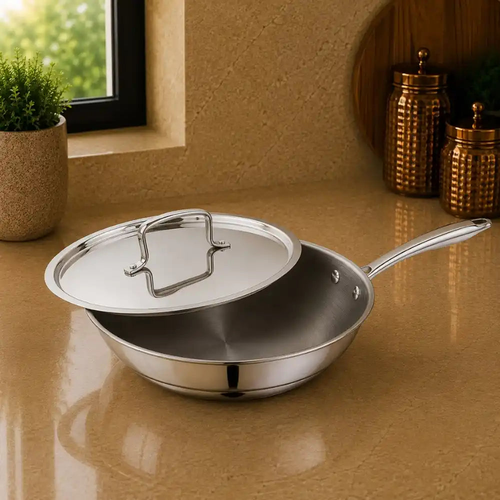 Triply Stainless Steel Fry Pan with SS Lid | Induction Compatible Deep Frying Pan