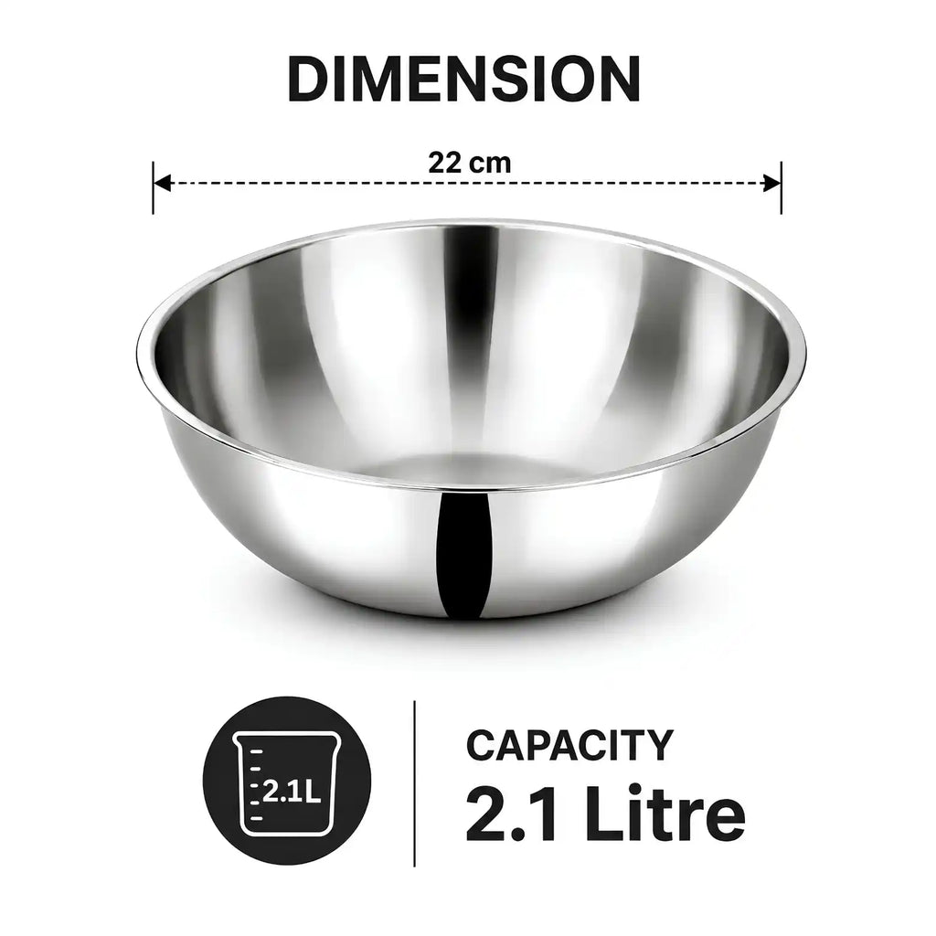 A stainless steel bowl shown on a white background with dimension and capacity text overlays. The bowl is labeled as 22 cm in diameter and 2.