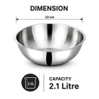 A stainless steel bowl shown on a white background with dimension and capacity text overlays. The bowl is labeled as 22 cm in diameter and 2.