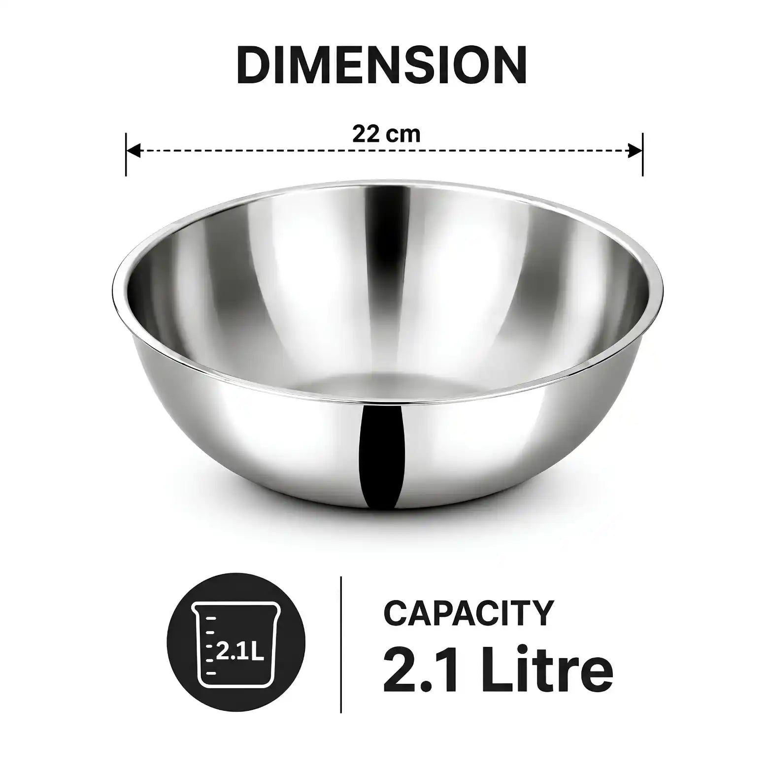 A stainless steel bowl shown on a white background with dimension and capacity text overlays. The bowl is labeled as 22 cm in diameter and 2.