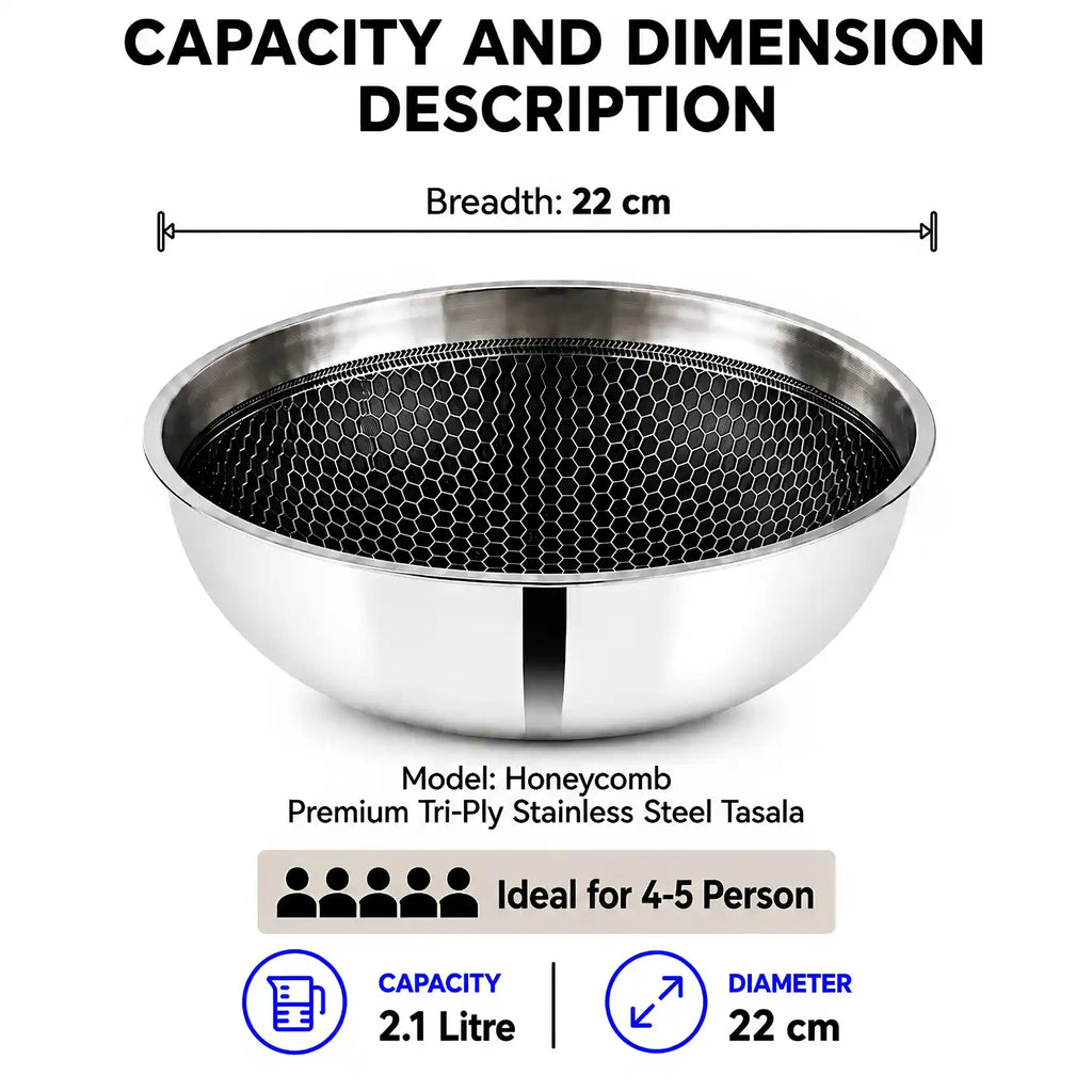 A stainless steel mesh tasala bowl with a black honeycomb pattern insert, shown with text overlays detailing its dimensions, capacity, and model information on a white background.
