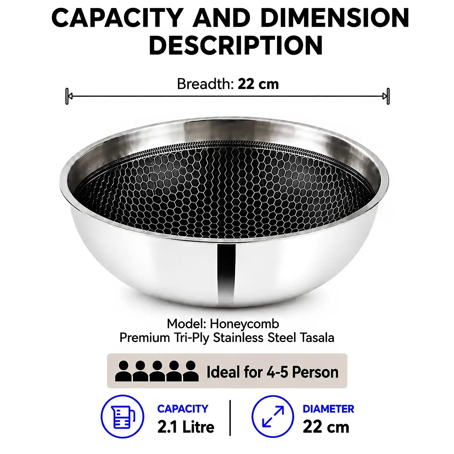 A stainless steel mesh tasala bowl with a black honeycomb pattern insert, shown with text overlays detailing its dimensions, capacity, and model information on a white background.