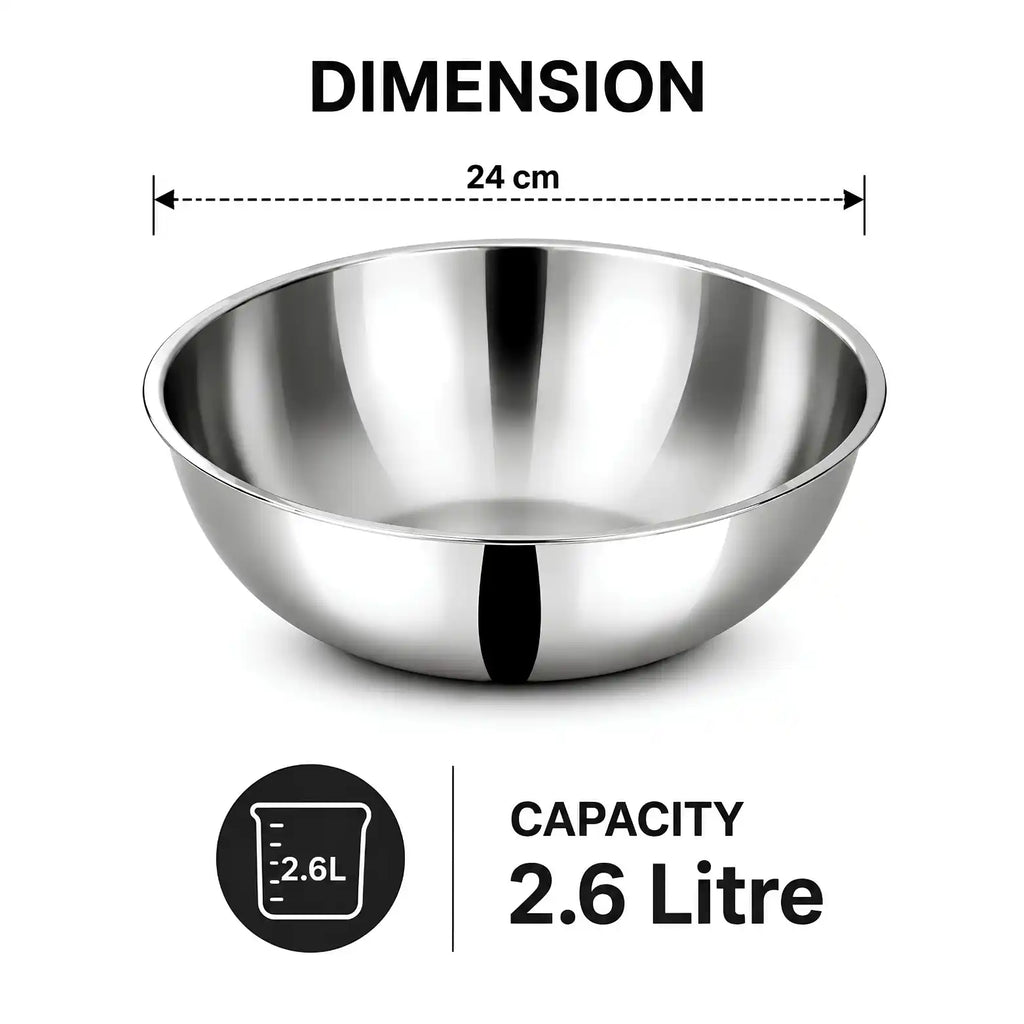 A stainless steel bowl shown on a white background with dimension and capacity text. The image includes a 24 cm diameter measurement line above the bowl and a 2.